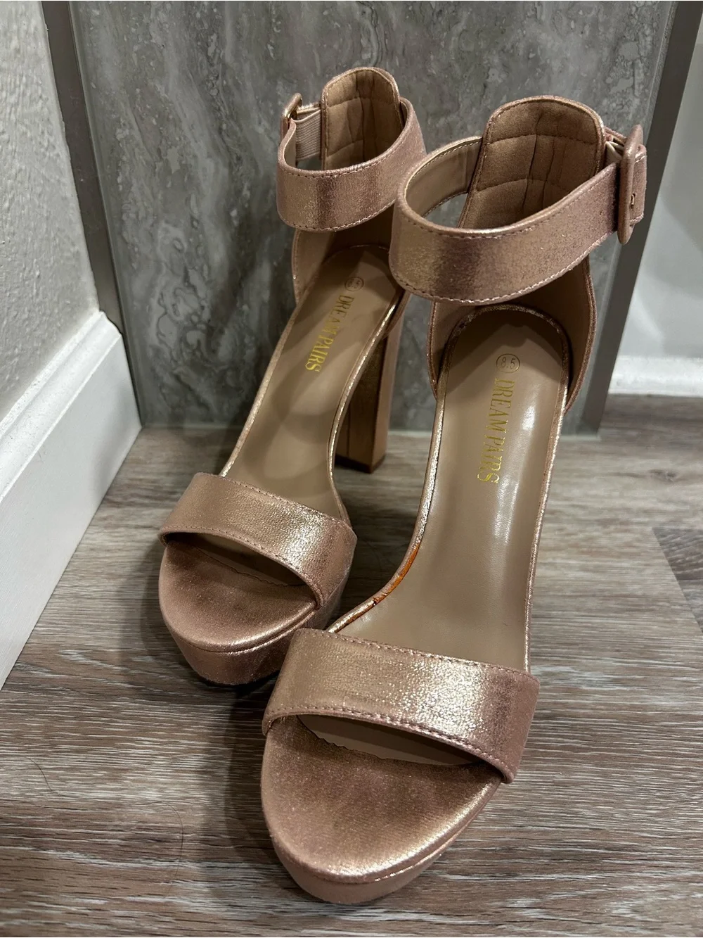 Platform Ankle-Strap High Heels in Rose Gold size 8.5